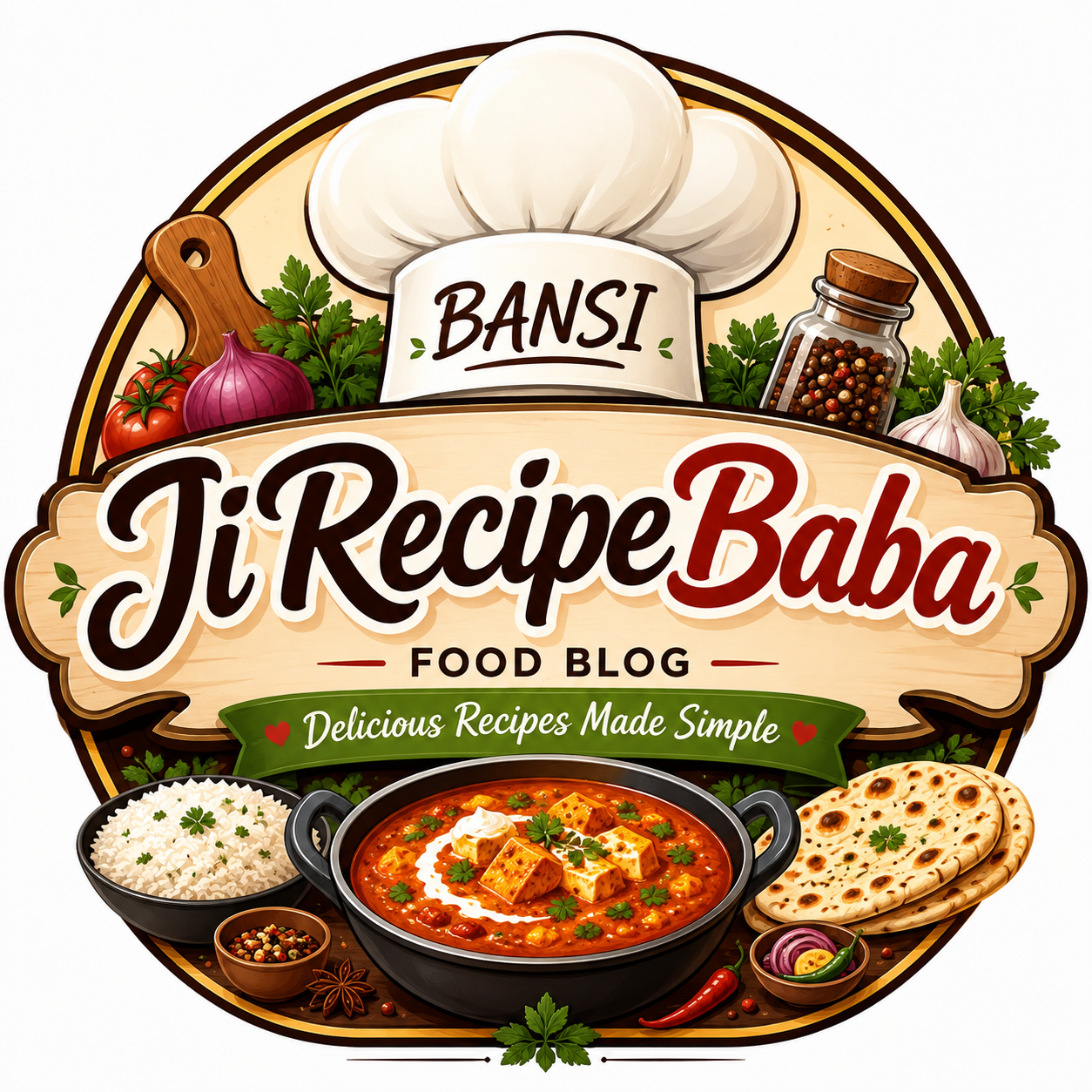jirecipebaba food blog logo with chef hat, cooking utensils and indian food